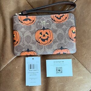 Coach Pumpkin-Print Zip Wristlet in Brown and Orange
